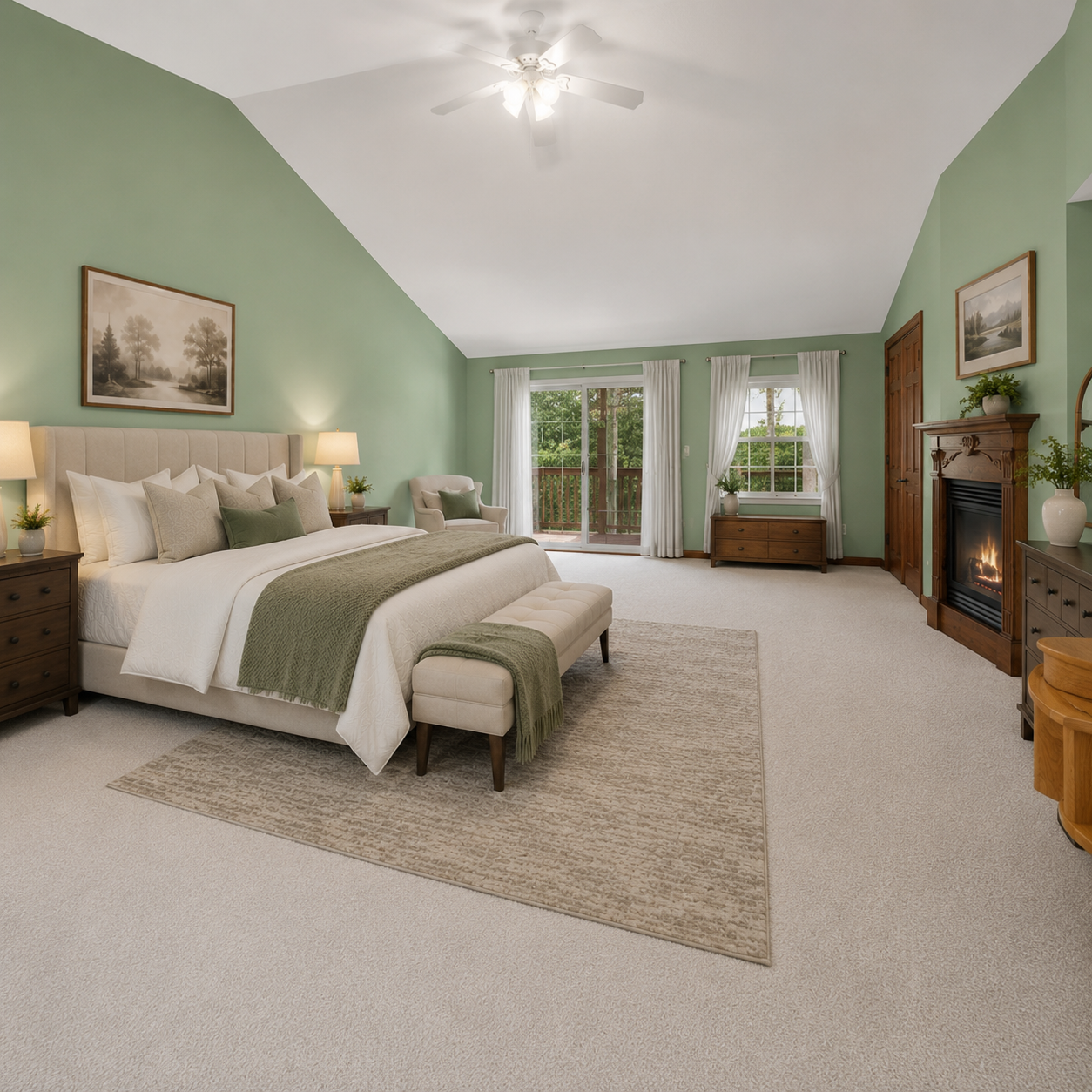 A second perspective highlights the primary suite’s impressive depth, vaulted ceiling and cozy fireplace, creating a true retreat within the home. French doors at the far end add natural light and easy access to the balcony overlooking the pool.