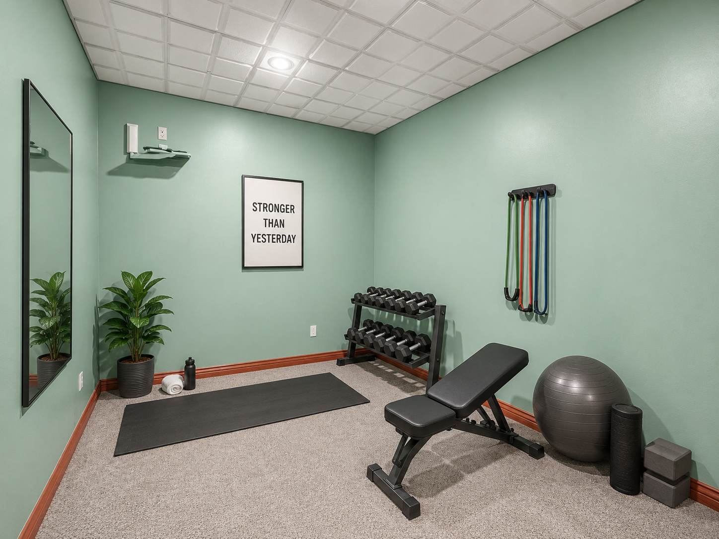 A versatile lower-level flex room is virtually staged as a private exercise space, showcasing just one of its many possibilities. With generous open floor space, it could easily adapt to a playroom, hobby room, office or other future needs.