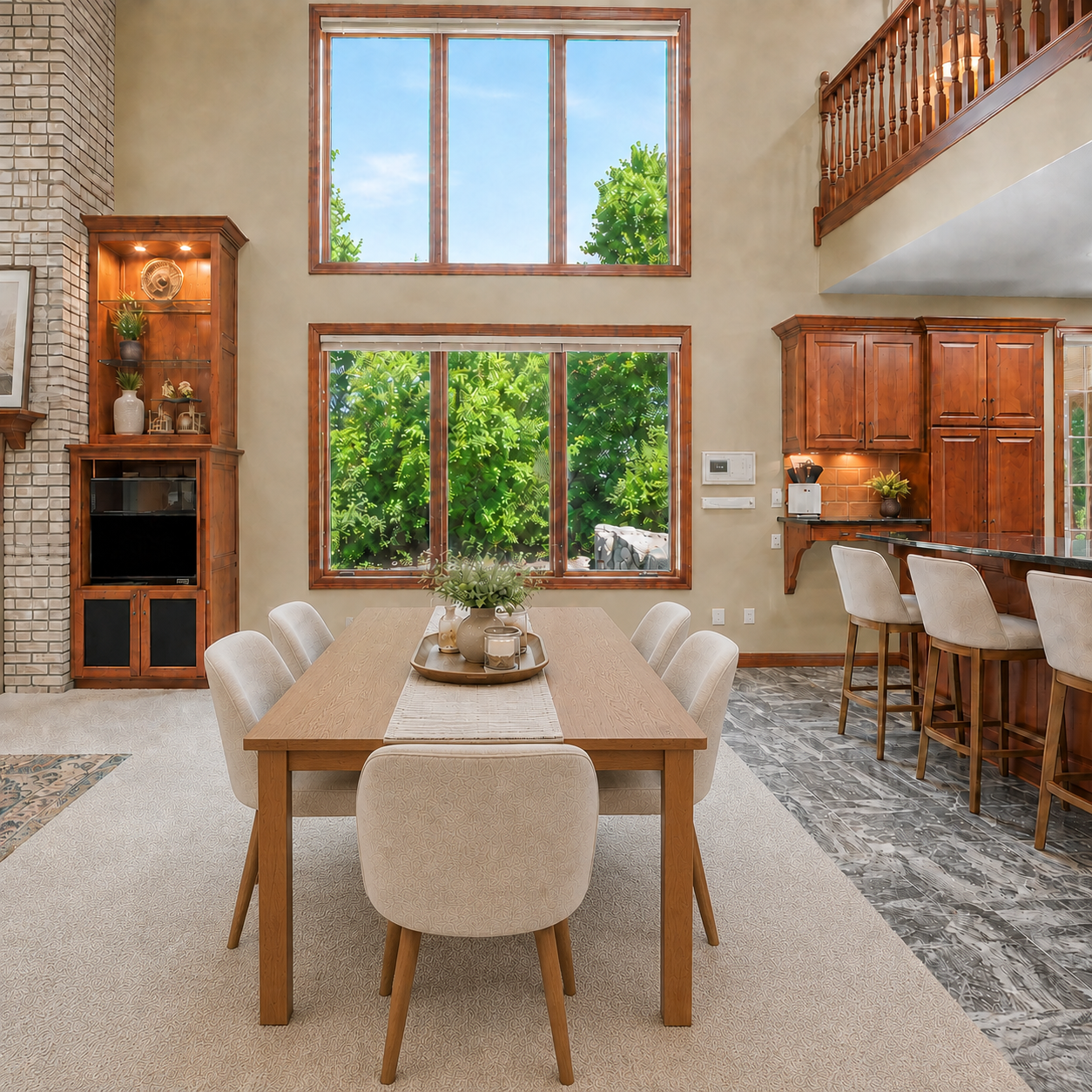 Dramatic two-story windows fill the informal dining area with natural light while overlooking the lush, private backyard. Open to the kitchen and upper-level railing, this inviting space is perfect for everyday meals and easy entertaining.