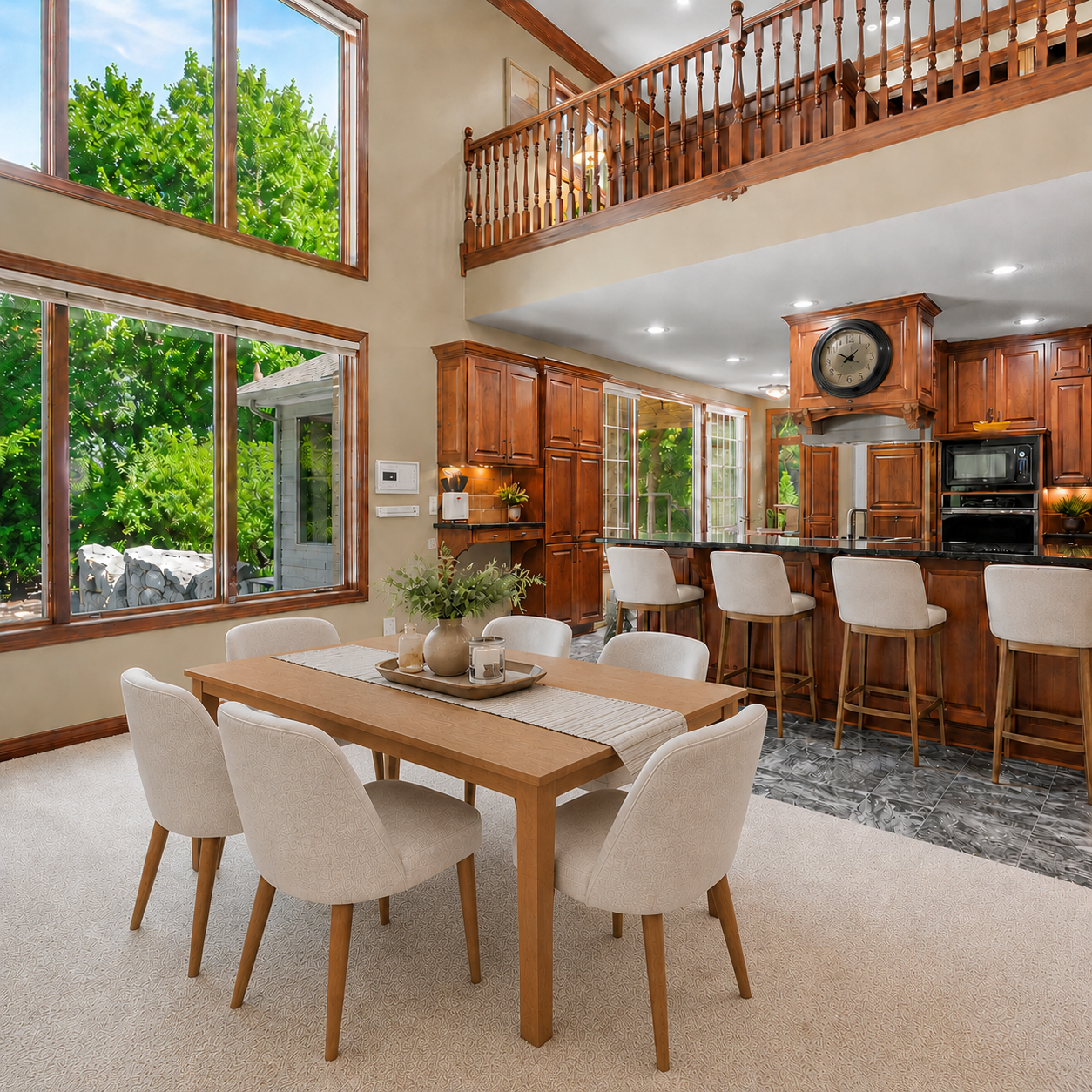Soaring 20-foot ceilings and expansive windows flood the informal dining area with natural light while creating an incredible sense of volume. Open to the kitchen and upper-level overlook, the space feels bright and ideal for everyday living.
