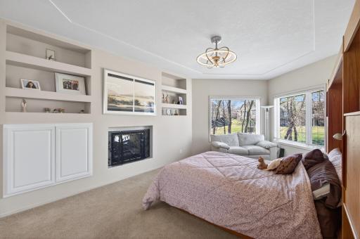 Primary suite includes large windows overlooking the large backyard and built-ins