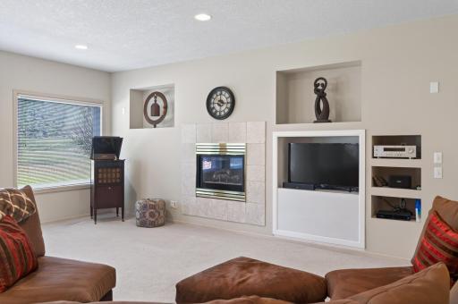 Lower level family room includes a fireplace