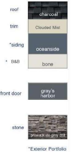 Exterior color scheme selected for this home including stone accents. Exhibit may not depict exact color match.