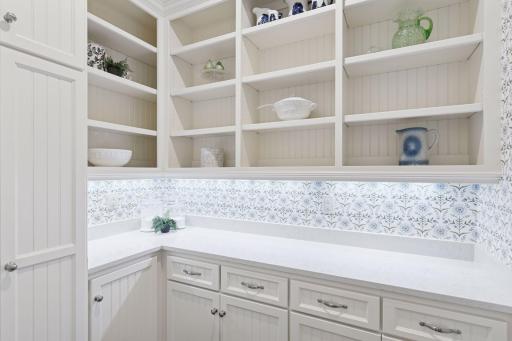 Dream walk-in pantry featuring custom cabinetry, generous storage, and ample workspace. Perfect for entertaining, organizing, and keeping everything within easy reach.