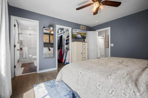 Walk in closet and private, primary 3/4 bathroom!