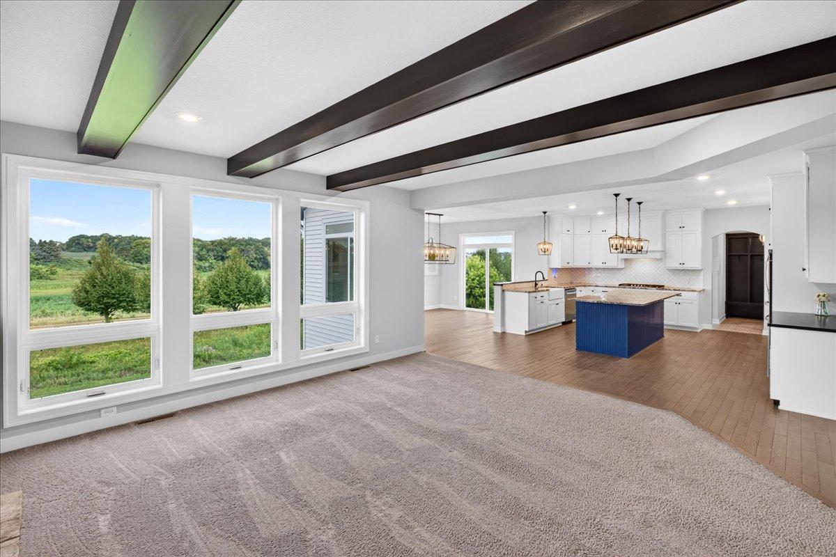 View from great room into kitchen/dining