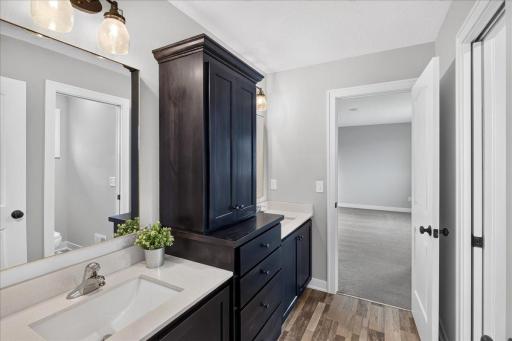 Double quartz vanities w/linen tower