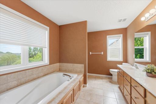 Separate soaking tub and shower create a versatile bathroom layout.