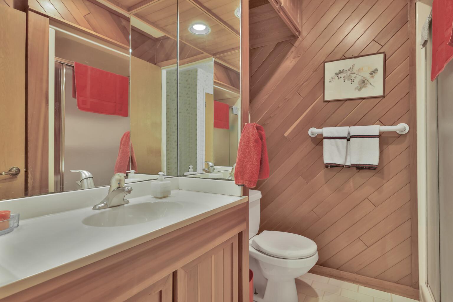 3/4 bath with natural wood wall design.