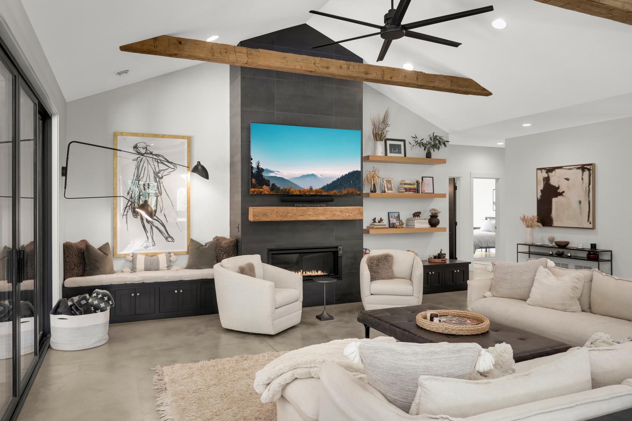 Gas fireplace with steel-like tile