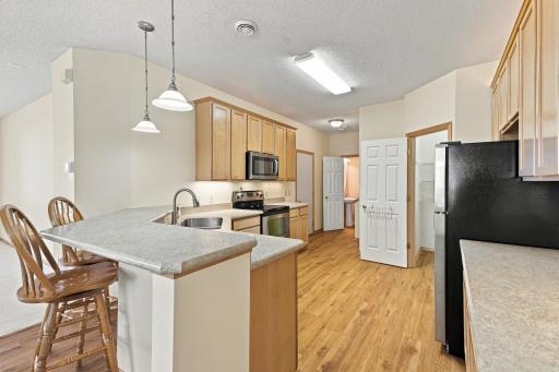 Kitchen with SS Appliances, Laminate Flooring & Over the Counter Lighting
