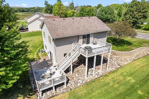 Aerial view of the two-tier deck and backyard, offering multiple outdoor spaces to enjoy.