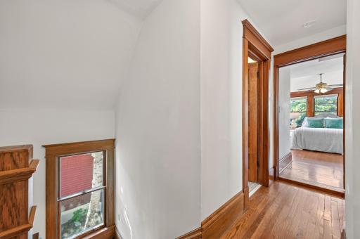Headed to the second floor. The hallway that connects the three bedrooms and full bathroom