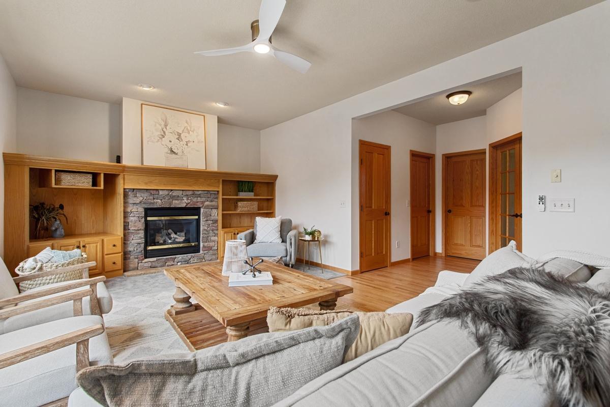 Living with gas fireplace and custom built ins
