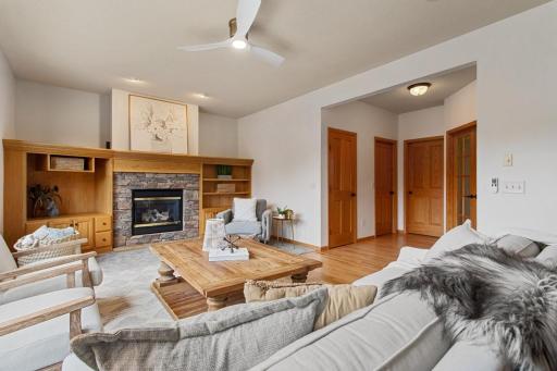 Living with gas fireplace and custom built ins