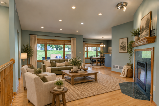 Designed for easy main-level living, the main floor features the kitchen, dining and living room with gas fireplace, a spacious primary suite with large private bathroom, second bedroom and full bath, and dedicated laundry rm. Photo virtually staged
