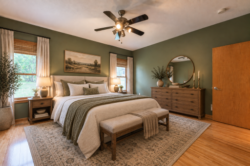 The primary bedroom has a walk-in closet and ensuite bathroom. The room feels even larger with the 9 ft ceilings. Photo is virtually staged.