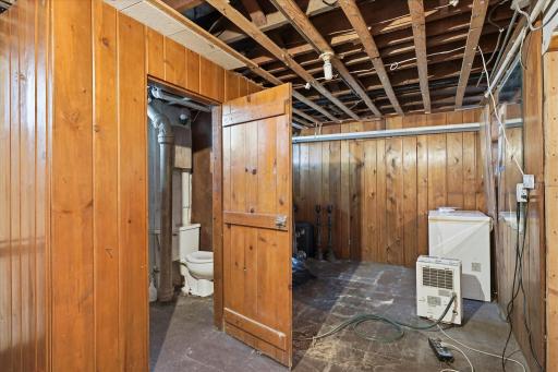 There is a convenient small bathroom with toilet in the basement. Also lots of storage space in basement.