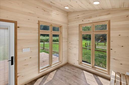 Custom wood work through with backyard views.