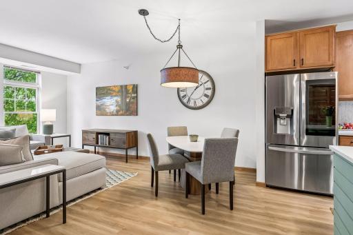 Flexible dining area with space for large or small table.