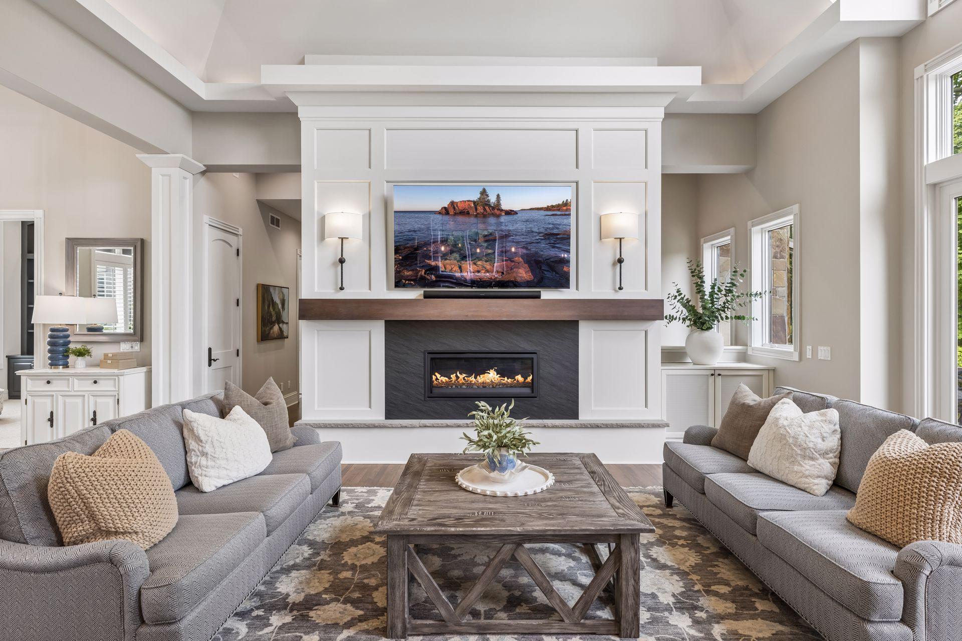 Stunning updated fireplace in main-floor living room.