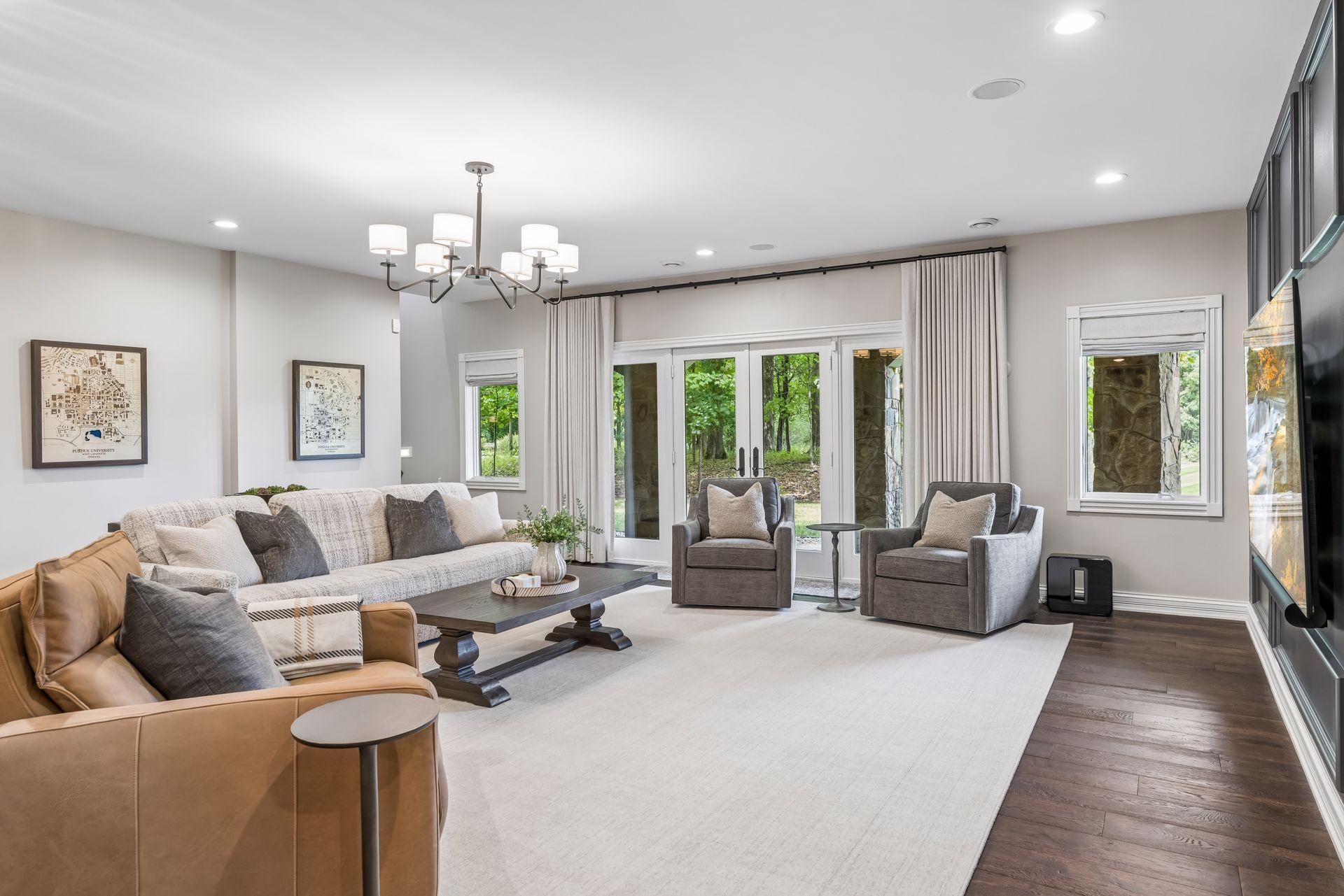 Light and bright lower-level family room.