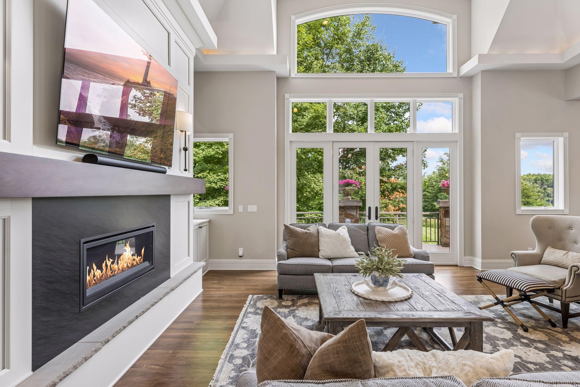 The main-floor living room opens onto a large, private deck.