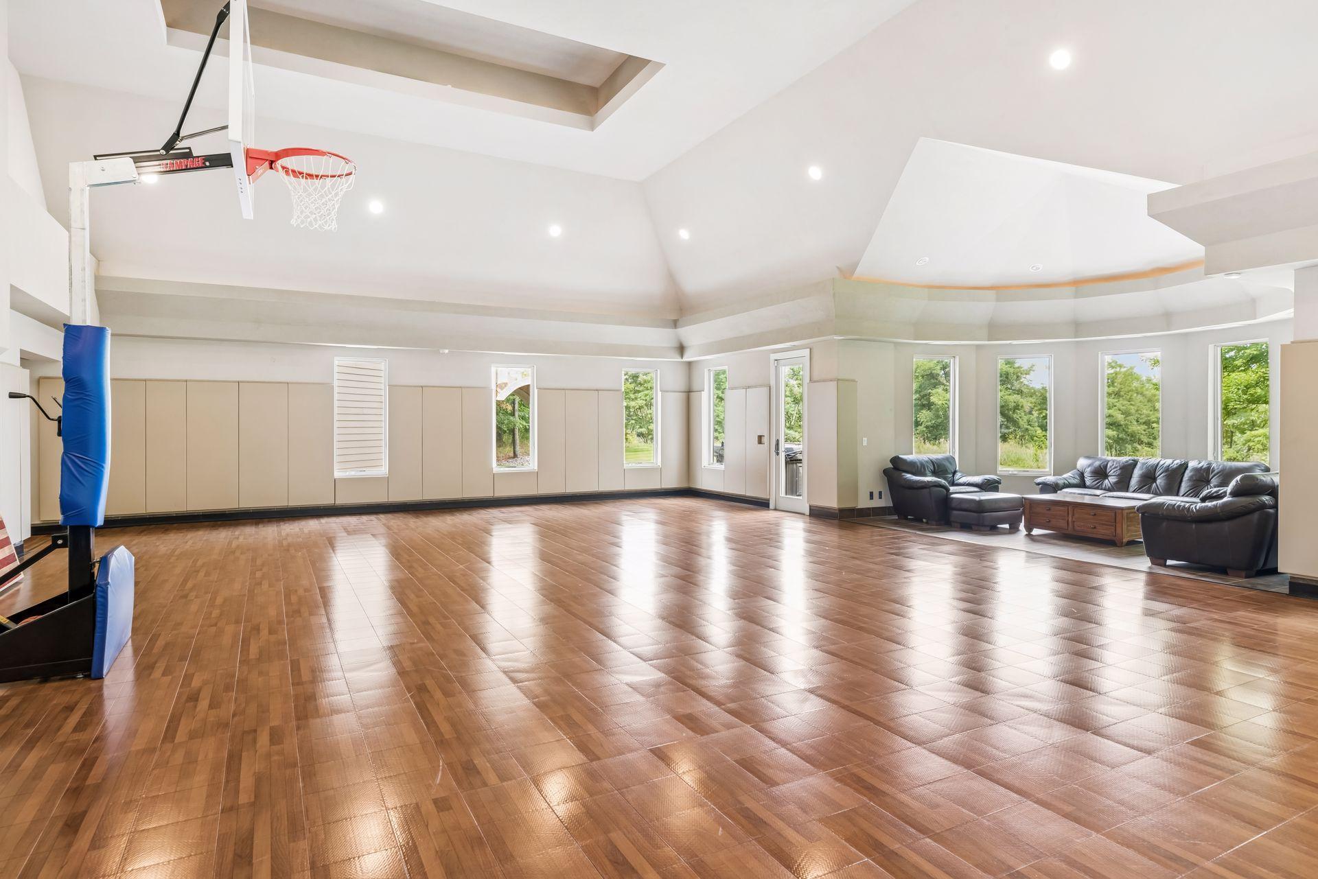 The sport court has access to the backyard.