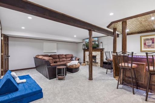 Finished lower level family room with a 2nd electric FP and dry bar