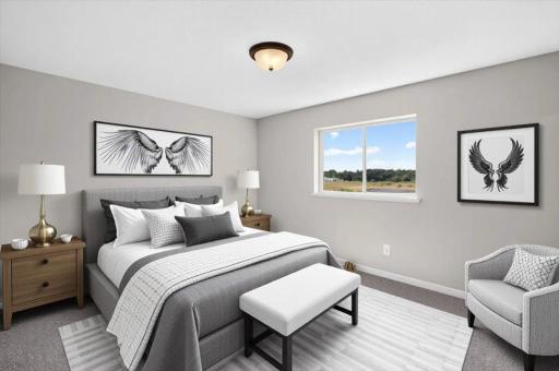 Primary Suite, Virtually Staged. Photo taken of another home with similar plan and finishes.