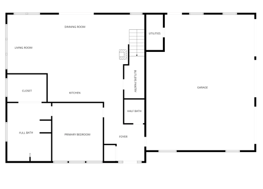 Conceptual main-level layout featuring the primary suite, full bath, kitchen, dining and living areas, butlerâs pantry, half bath, utility space and oversized three-stall garage. Floor plan is provided as a general guideline only; dimensions, wall lo