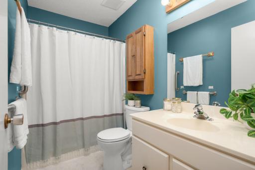 The main floor bathroom features a new toilet, grab bars, and good storage.
