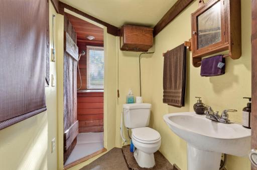 This convenient lower level three-quarter bathroom features a pedestal sink, classic wood accents, and a rustic character that complements the home's distinctive style.