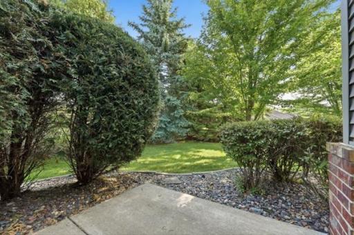 The side yard opens to a peaceful, tree lined green space with plenty of room to unwind. Tall evergreens offer a natural privacy screen along the edge of the yard.