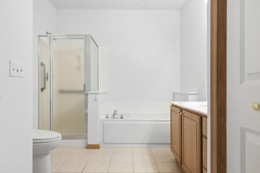 A great look at the layout of this primary bath, with the shower and tub set apart from the vanity area. Plenty of cabinet storage is built into the oak vanity.