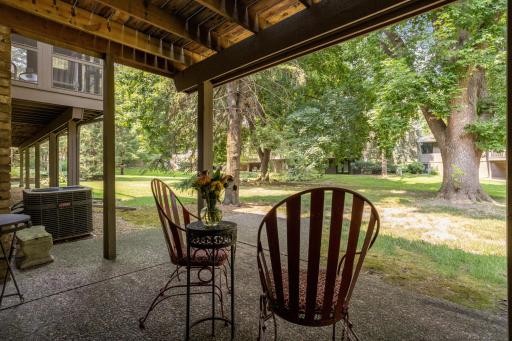 Walkout patio looks on to the pretty common green space area