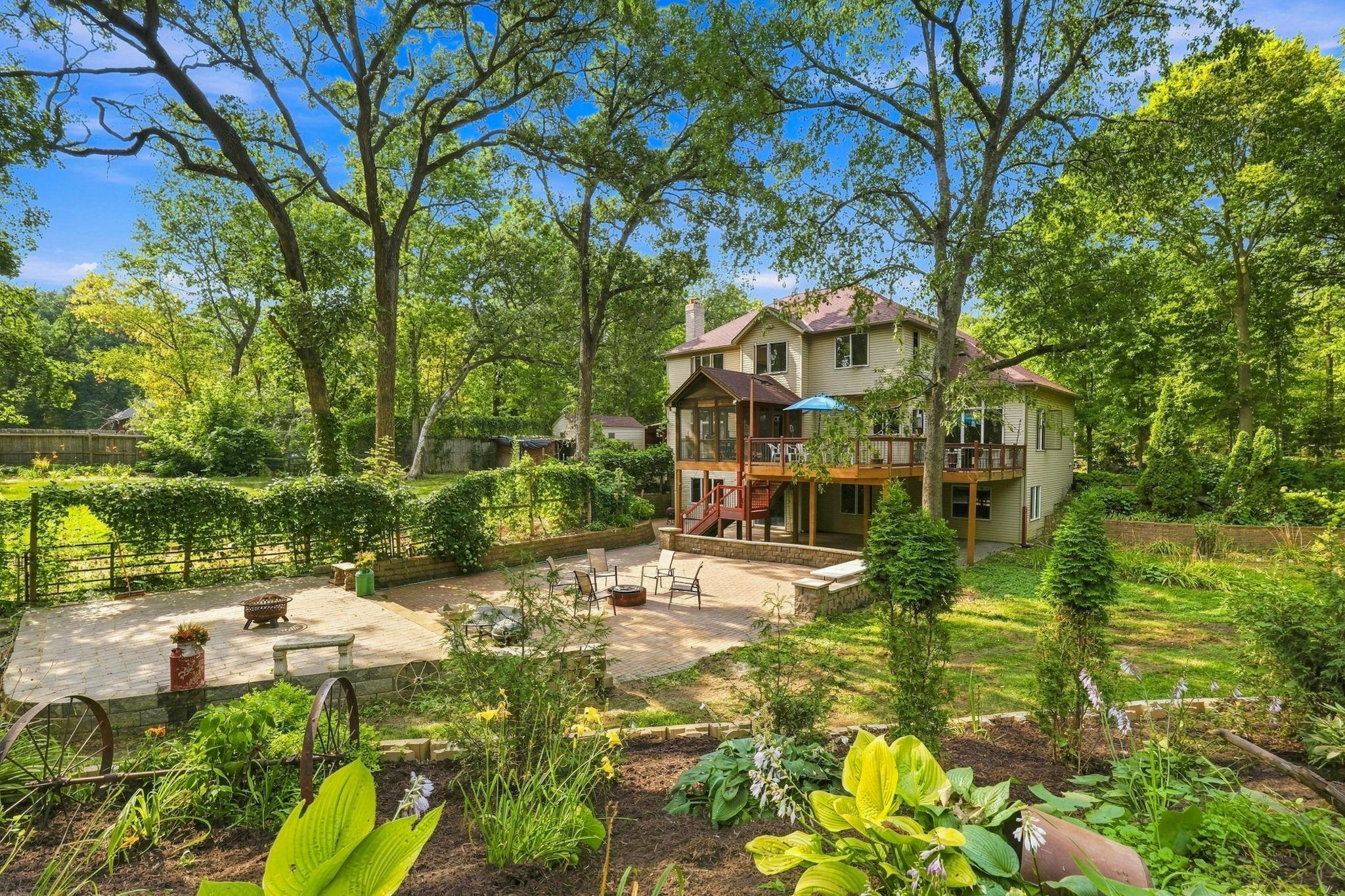 This huge backyard has plenty of patio space for outdoor gatherings and fun