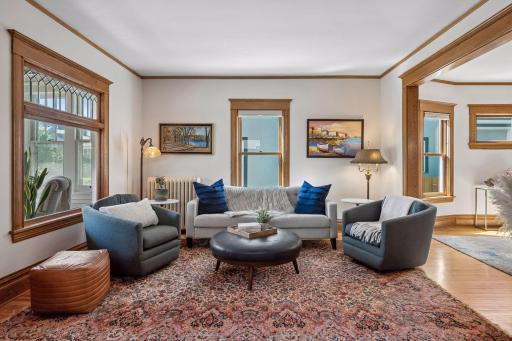 Main floor living room features stunning millwork.