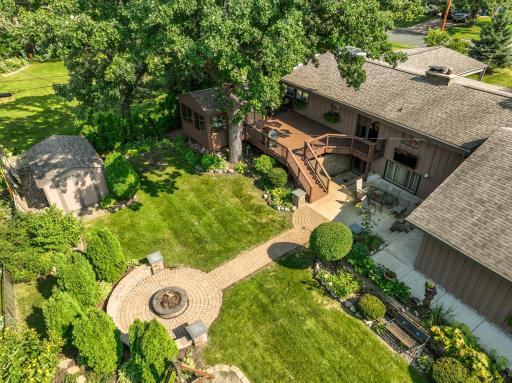 Overhead Aerial Showing Patios, Deck, Gazeebo and Storage Shed