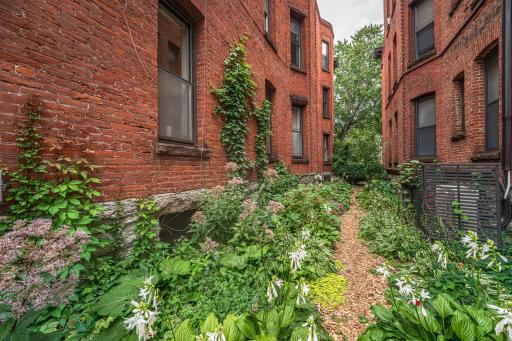 Lovely gardens between the buildings and in the backyard offer residents places to enjoy the outdoors, sit and relax, or enjoy their green thumb.