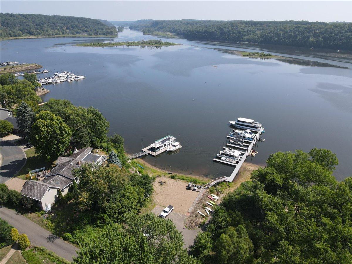 Aerial view of the private, HOA property, including the dock and boat slips.