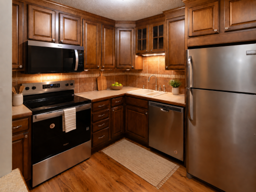 Updated kitchen featuring stainless steel appliances, warm wood cabinetry, tile backsplash, and ample cabinet storage. *Virtually staged for inspiration*