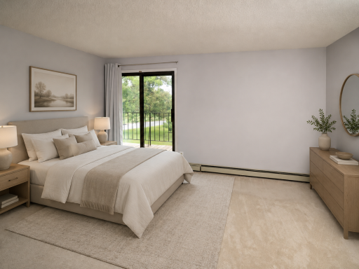 Primary bedroom with private deck access and natural light in this move-in ready Minnetonka condo. *Virtually staged for inspiration*