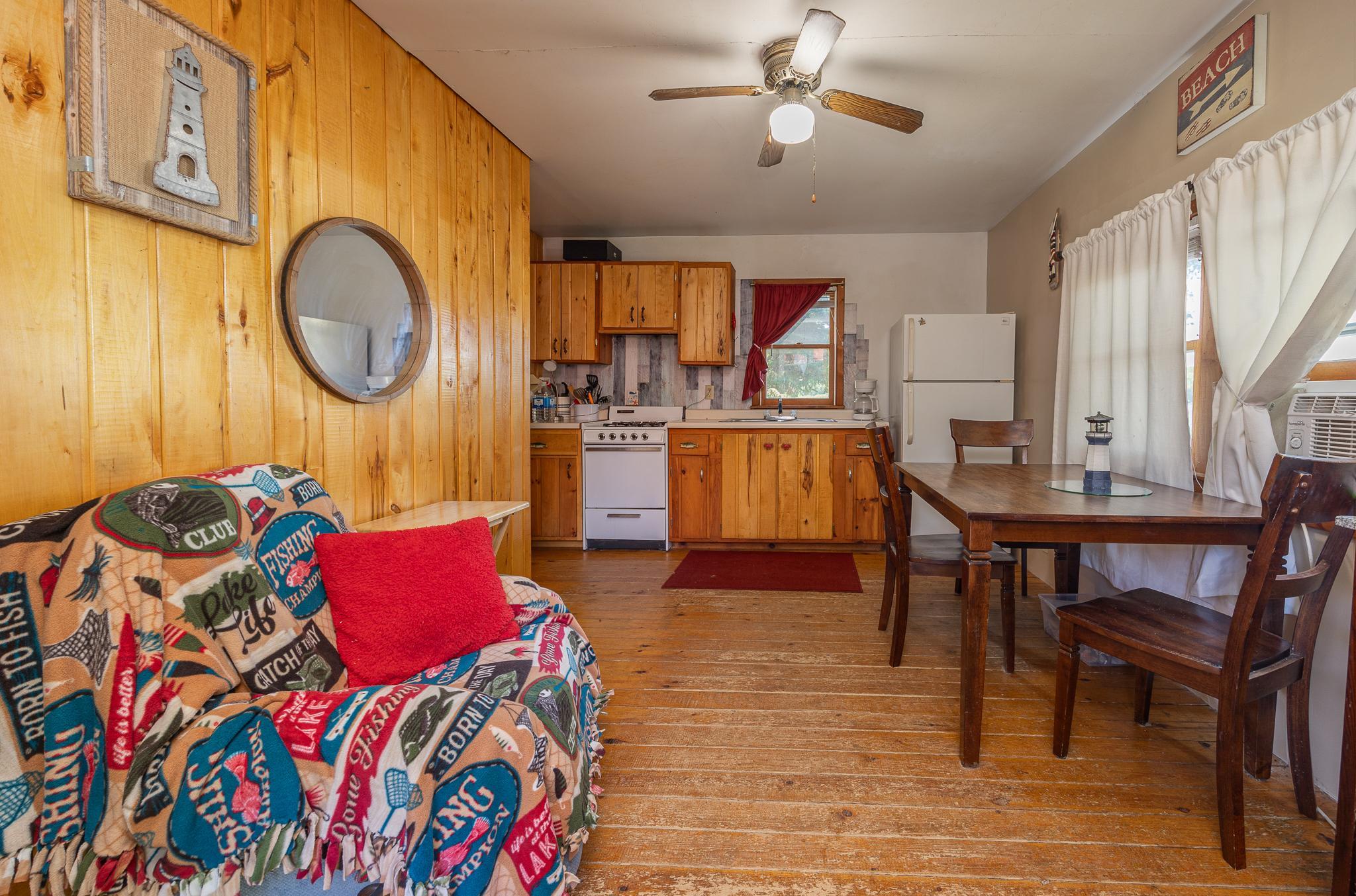 Cabin 1 open concept living room/kitchen/dining area