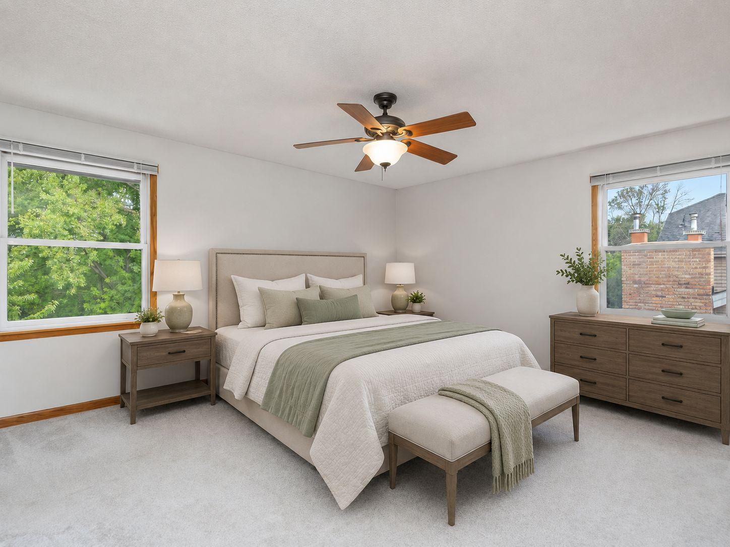 Primary Bedroom - AI Virtually staged. Furniture and décor were digitally added. See the adjacent original photo for the property’s current condition.