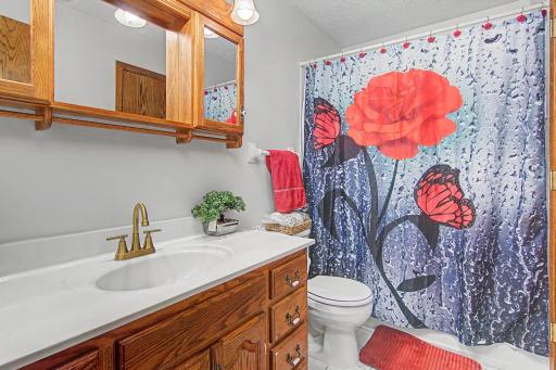 Main-level full bathroom with wood vanity and updated fixtures.