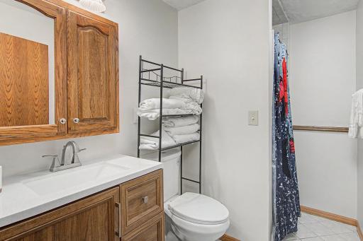Updated lower-level bathroom with refreshed vanity, toilet, fixtures, and flooring.