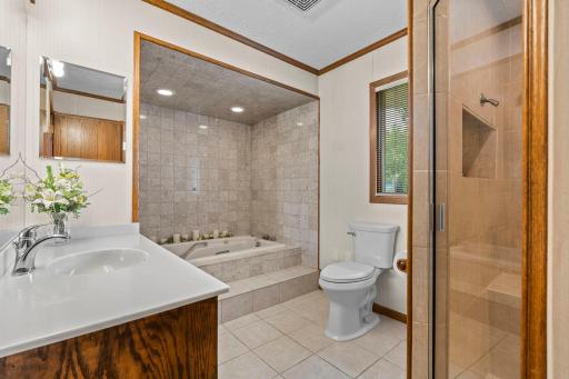 The primary bath features a soaking tub, separate glass shower, and a large vanity.