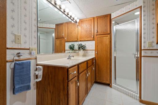 A full vanity and step-in shower round out this handy lower-level bath.