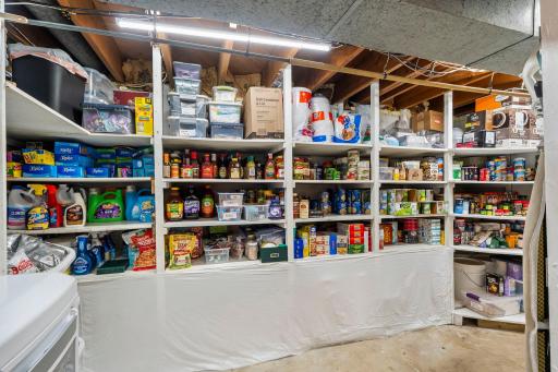 Extensive shelving in the utility area offers excellent organization, part of the home's abundant storage.